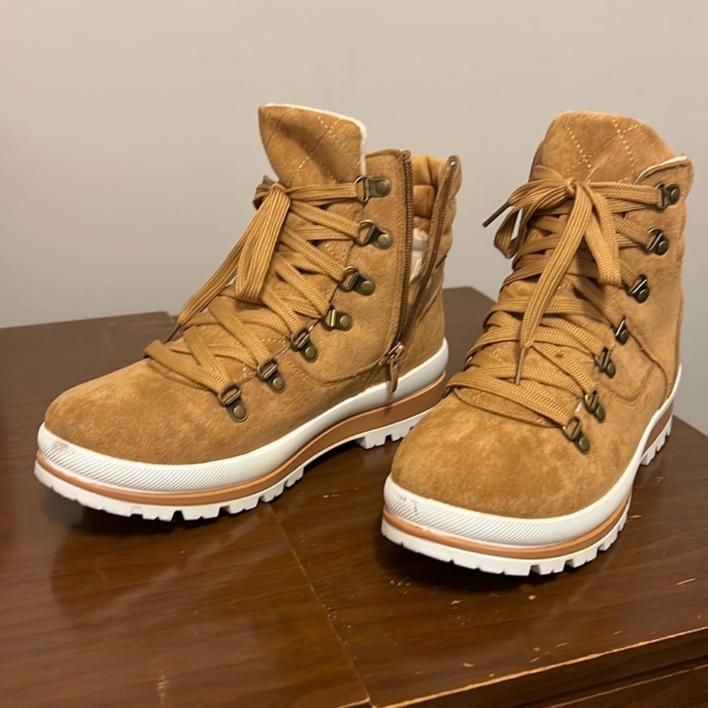 Golden tan hiking boots